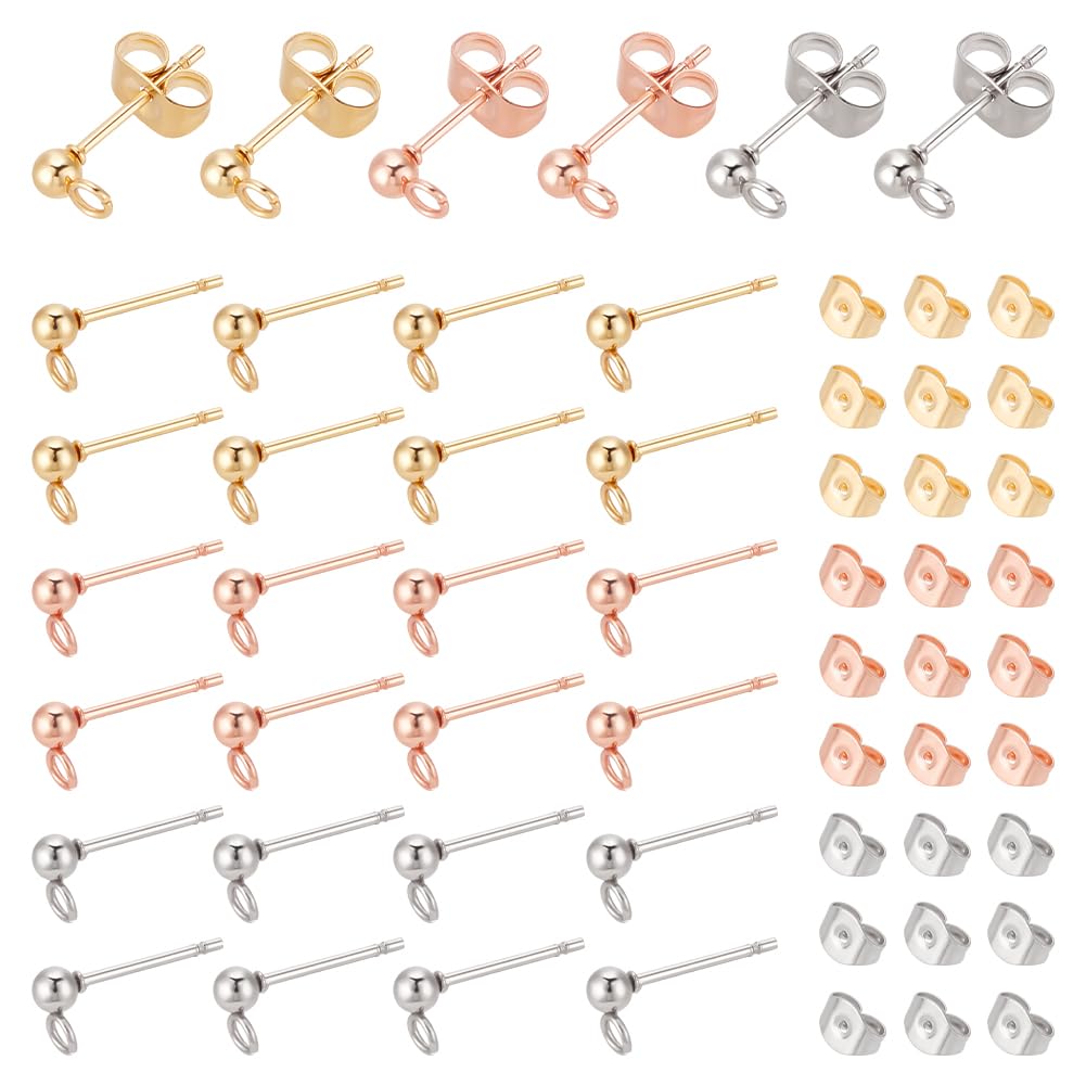 UNICRAFTALE 60 pz 3 Colori 3mm Sfera Orecchini in Acciaio Inox Orecchino Post Ear Stud con Orecchino Schienale per La Creazione di Gioielli Fai da Te, Pin 0.8 millimetro