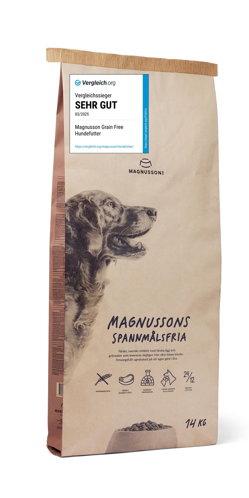 MAGNUSSONs Grain Free (1 x 14kg) - Getreidefreies Hundetrockenfutter für Erwachsene Hunde Aller Rassen - Alleinfuttermittel - Hoher Anteil an frischem Fleisch, Ofengebacken
