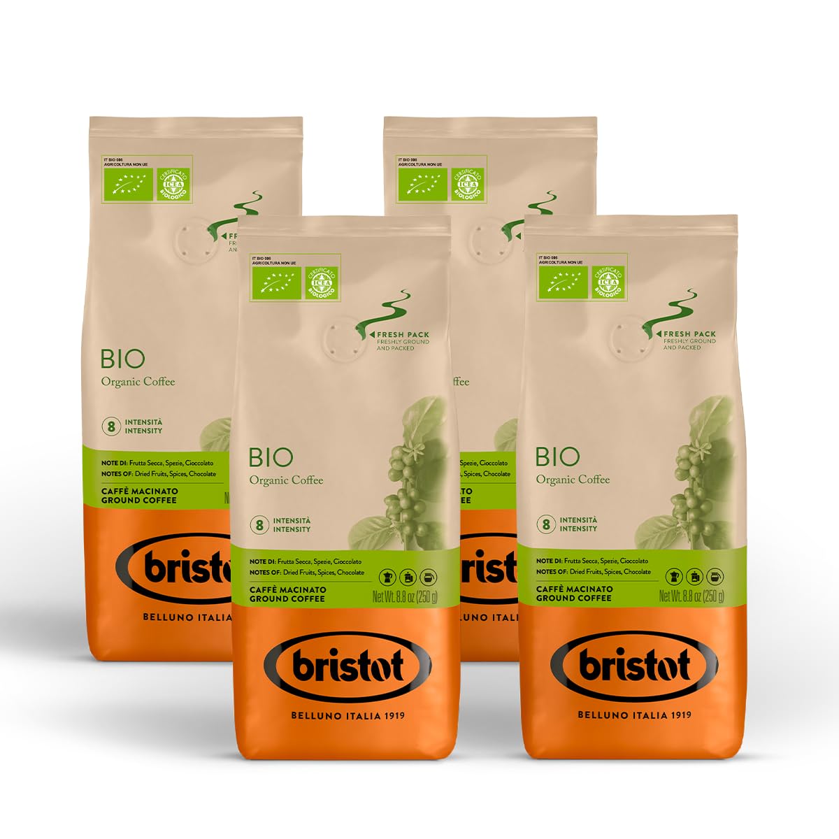 Bristot, BIOLOGISCHER Gemahlener Kaffee - Insgesamt 1 kg - Pulverkaffee für Moka, Mischung aus Zentralamerika und Indien, leichte Säure und angenehmer Geschmack - Set mit 4 Packungen pro 250 g