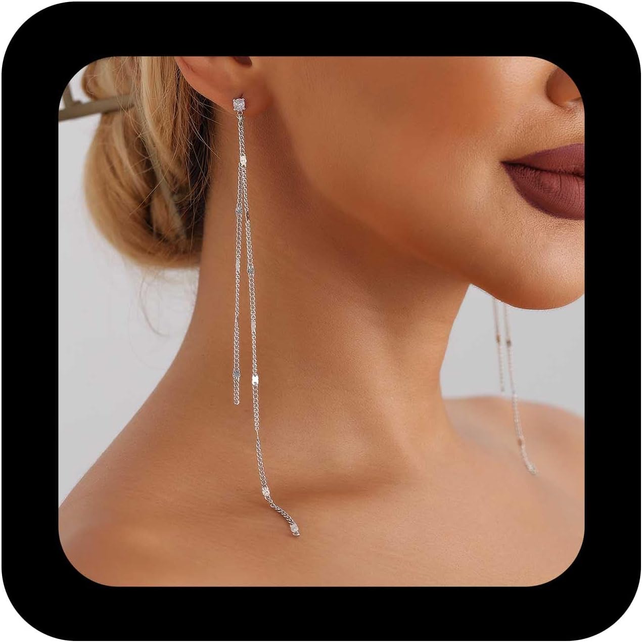 Minimalist Silver Long Chain Dangle Earrings Tassel Chain Drop Earrings Silver Ear Jacket Earring Front Back Earring Jewelry for Women