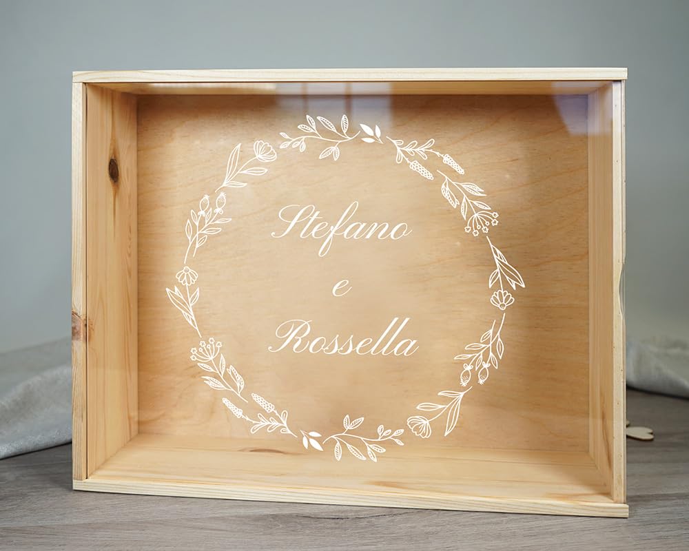 Caja de boda de plexiglás, Caja de recuerdos de madera para los recién casados, 36 x 27 x 10 cm, Caja de almacenamiento personalizada (Personalizzata matrimonio)