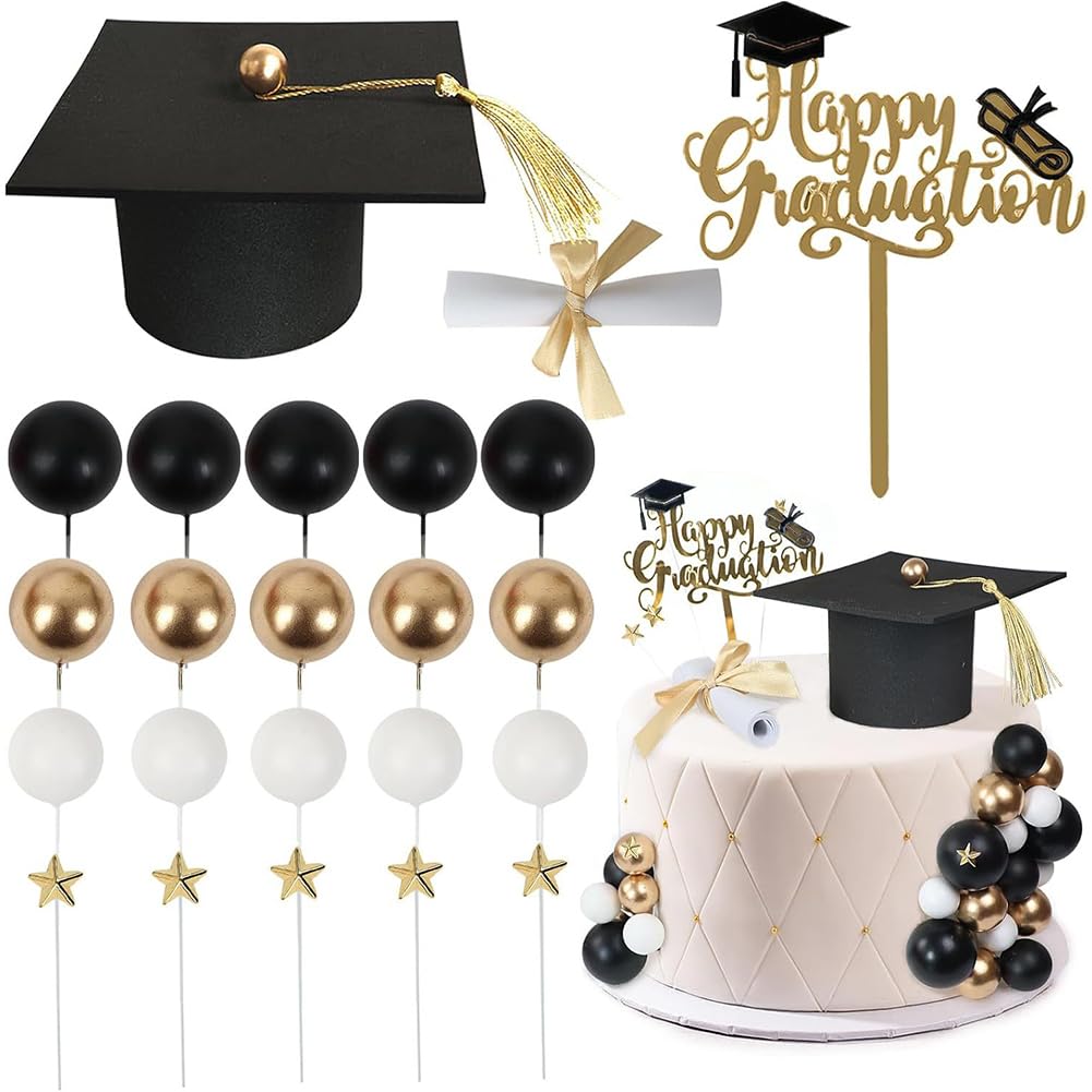Graduation Cake Topper Set, Graduation Cake Decorations, 23Pcs 2026 Graduate Cap and Diploma Party Supplies, Cake Topper, Diploma Decor, Grad Cap (black)