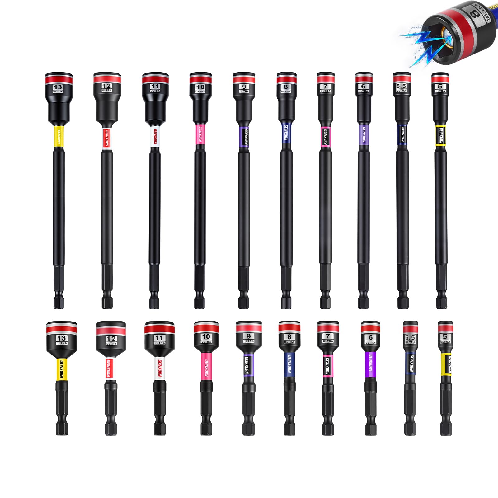 Geinxurn Impact Nut Driver Set, 20 Pieces 65 mm 150mm Long Metric 5mm, 5.5mm, 6mm, 7mm, 8mm, 9mm, 10mm, 11mm, 12mm, 13mm Magnetic 1/4 Hex Shank Nut Setter Drill Driver Bits Cr-v Quick Change Socket