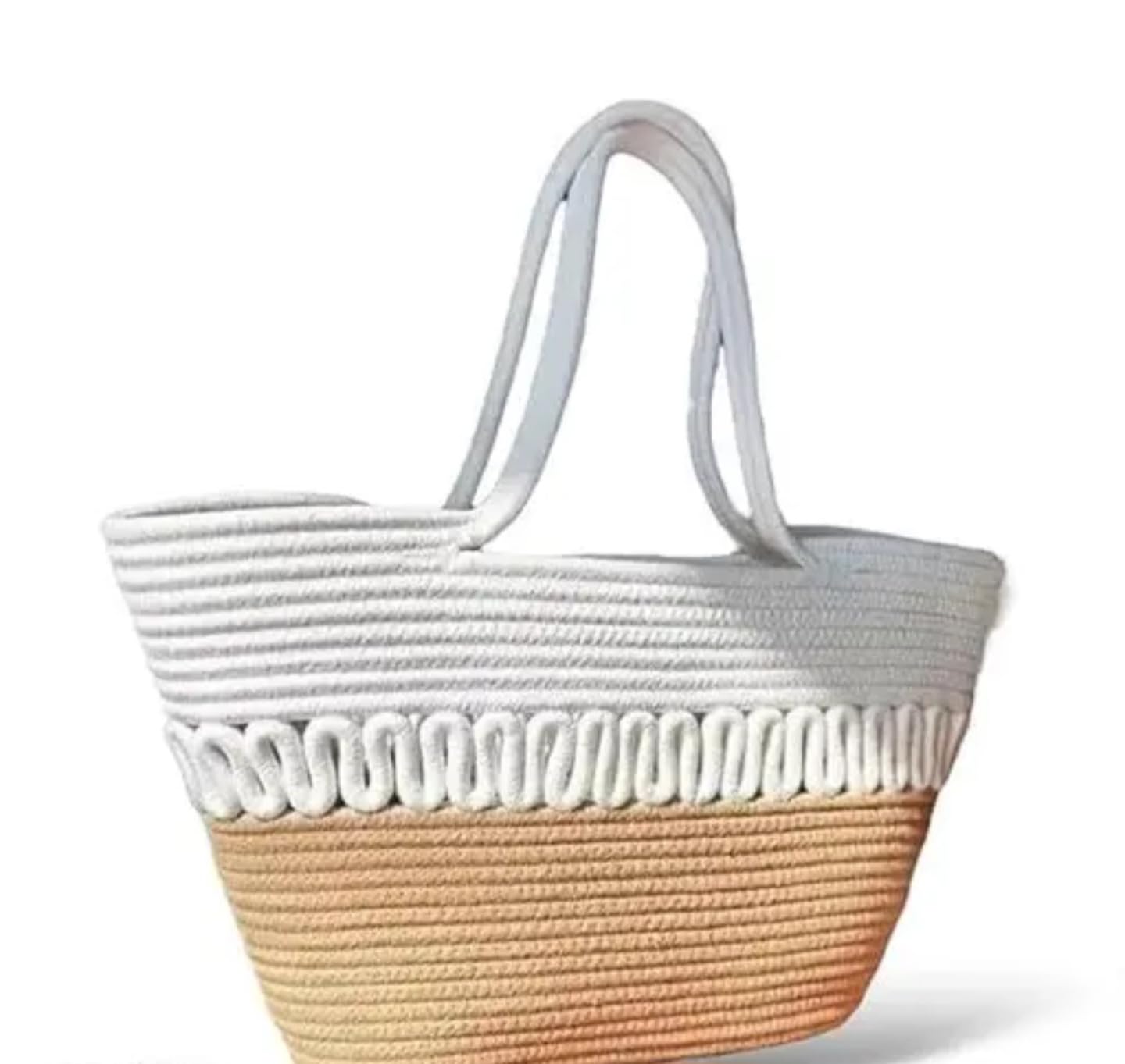 Bolsa de playa tejida de dos tonos, yute natural y algodón blanco, patrón decorativo