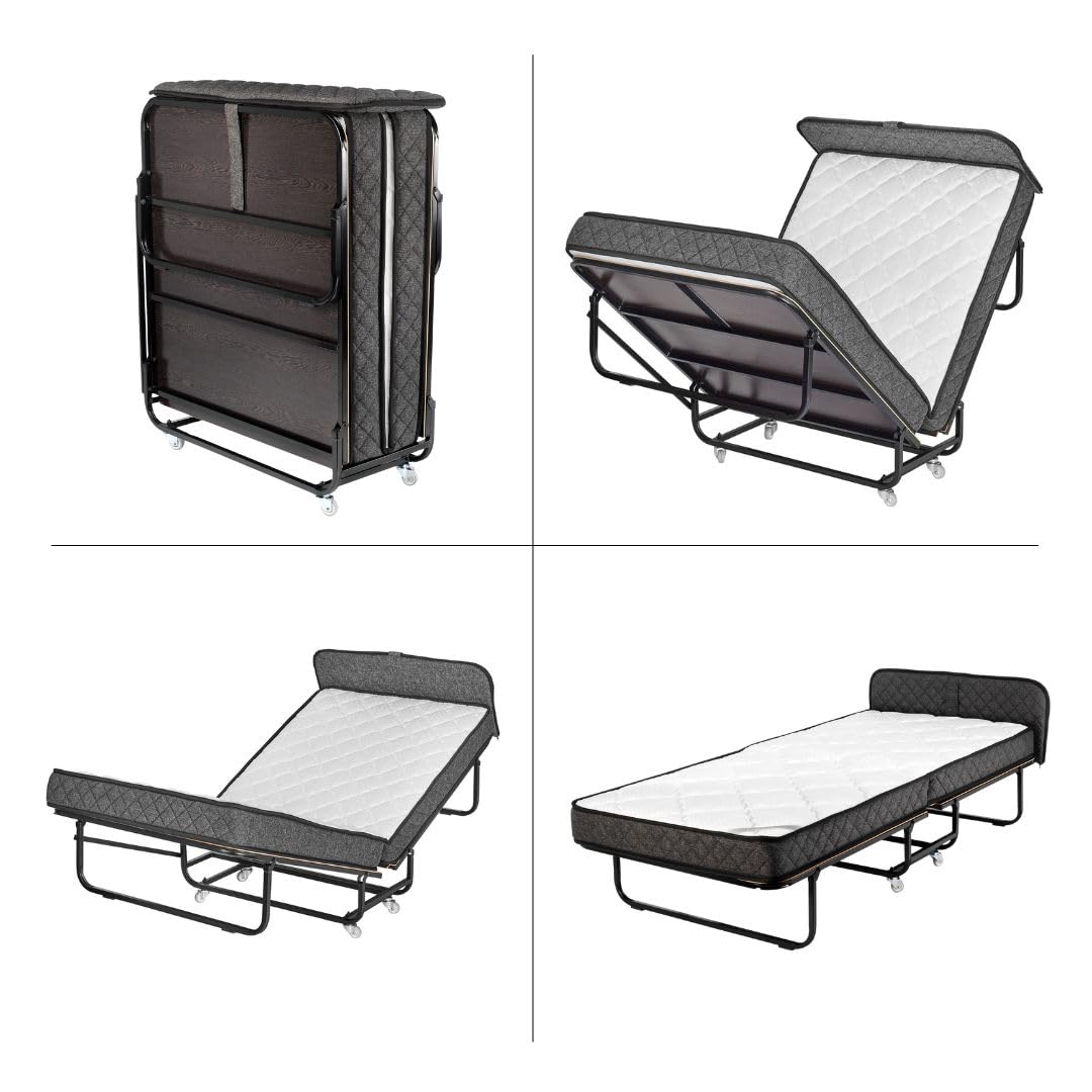 Edward Bed & Bath klappbares Gästebett mit Rollen, 90x200 cm, 14 cm Federkernmatratze (mittelfest), platzsparend, stabil und belastbar, Klappbett, grau anthrazit