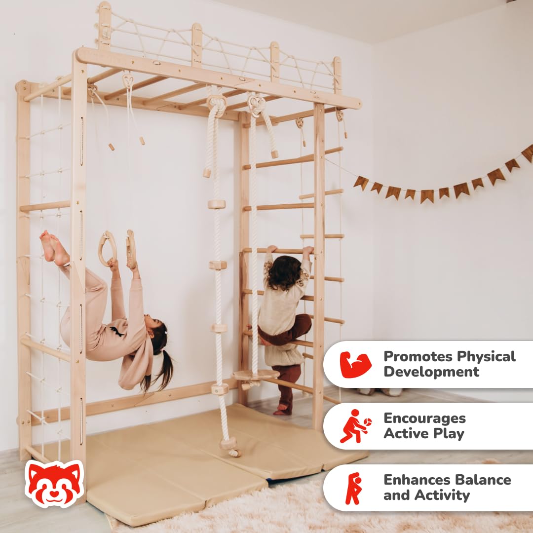 Wood And Hearts Riesige Brücke Schwedische Leiter, sprossenwand, kletterwand kinderzimmer, turnringe, sprossenwand kinderzimmer, Indoor Spielplatz, kletterwand (Natürliche Holzfarbe)