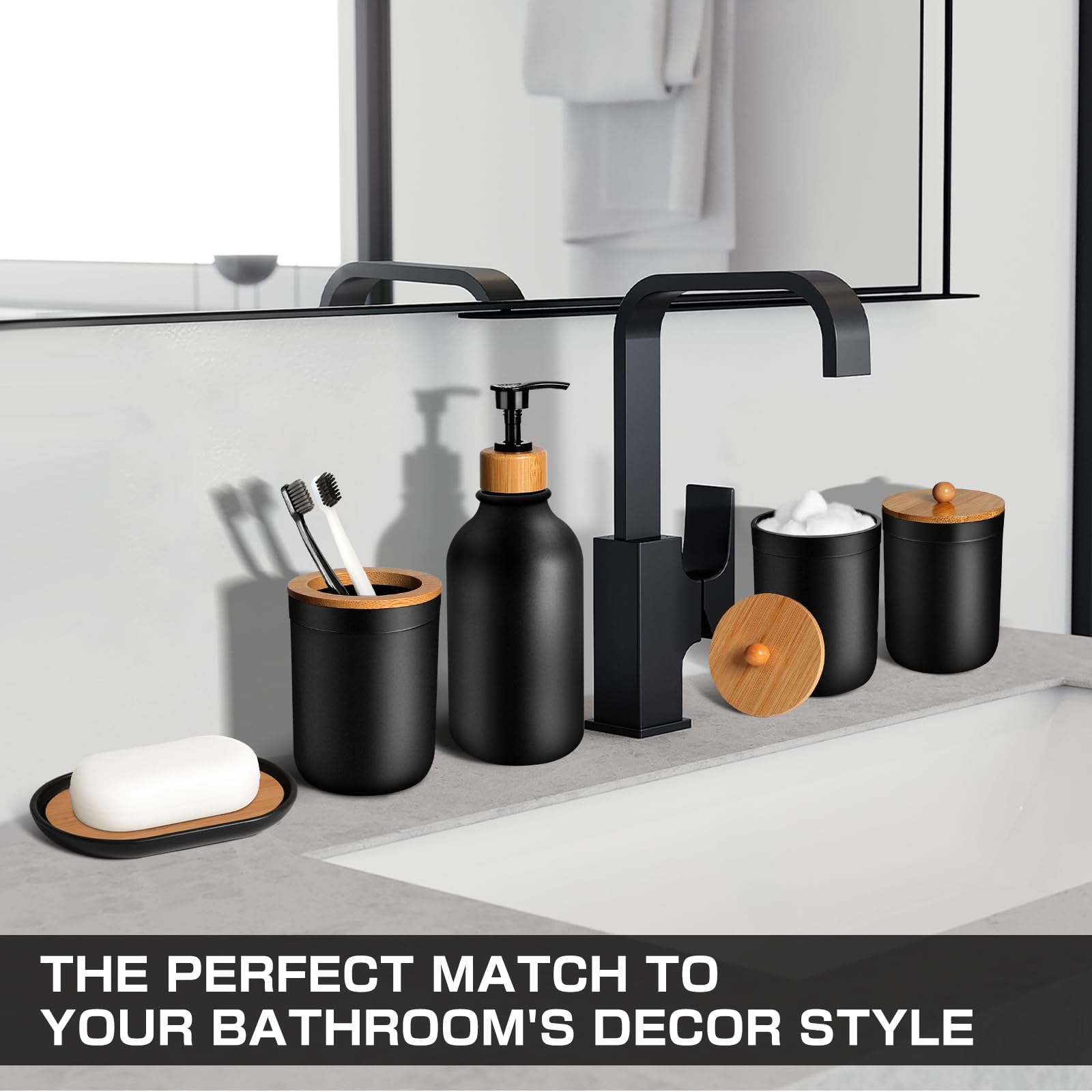 Juego de accesorios de baño negros de 5 piezas, accesorios de baño negro mate, dispensador de jabón de plástico y soporte para cepillos de dientes, jabonera, tarro de hisopo de algodón, juego de baño