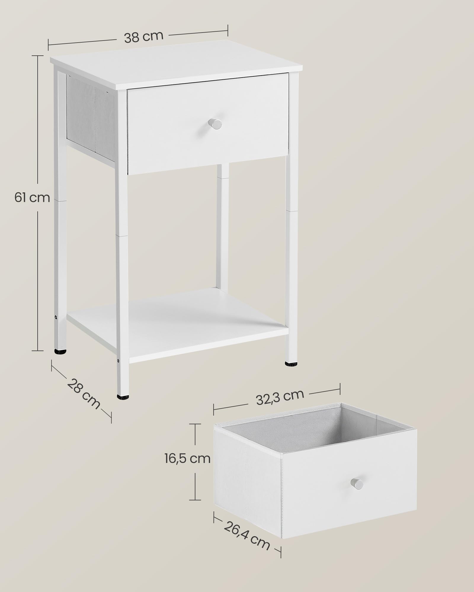 VASAGLE Nachttisch, Beistelltisch mit Stoff-Schublade, 61 cm hoher Nachtschrank, mit Ablage, für Wohnzimmer, Schlafzimmer, weiß LGS221W14