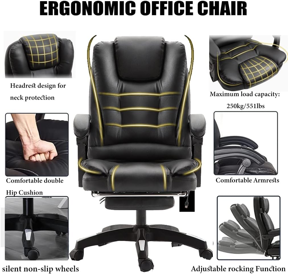 GIZNXBA Massage Office Chair, Ergonomic Home Computer Desk Leather Chair Executive Chair, Adjustable Height Reclining Swivel Chair with Footrest, Task Chairs with Wheels (Color : /Black)