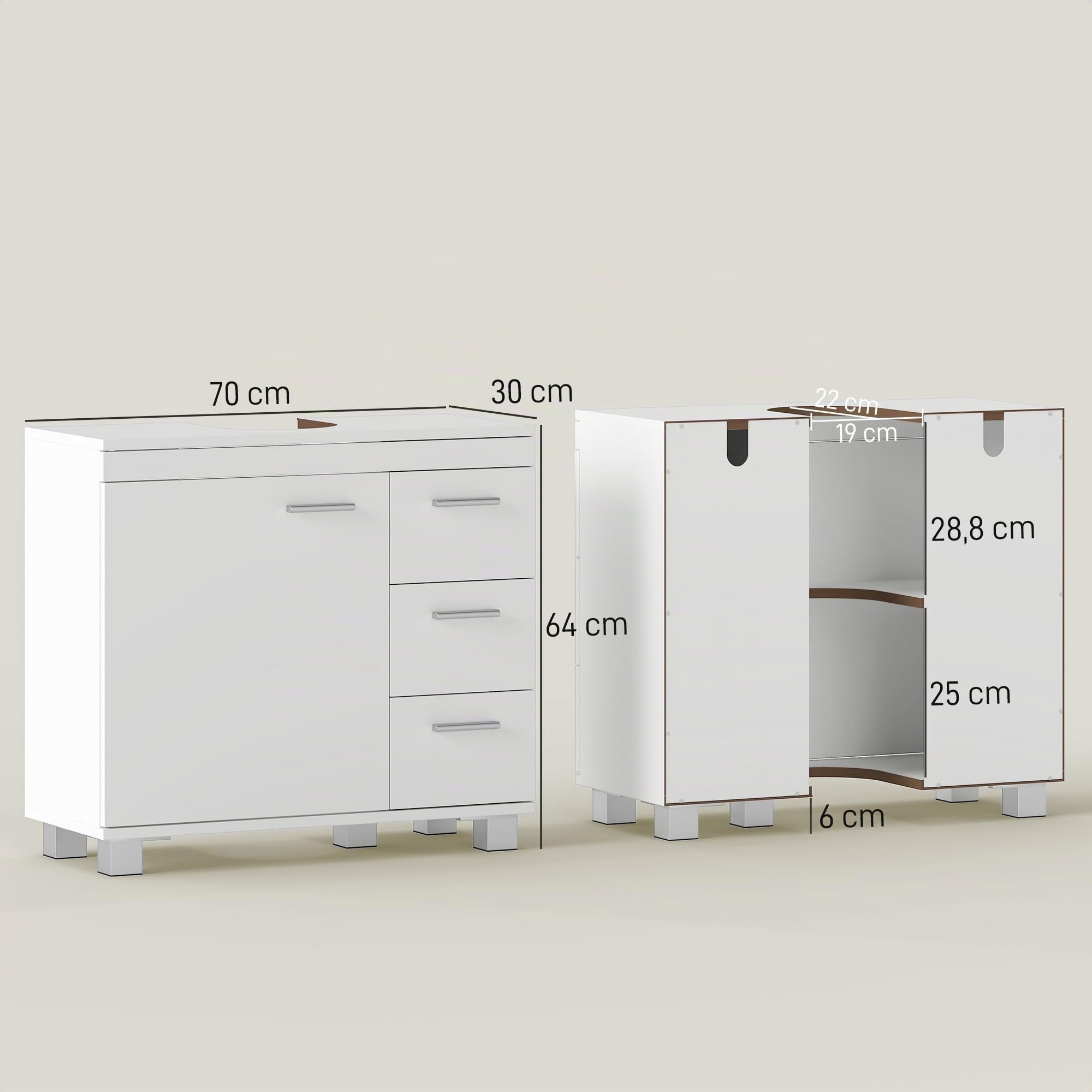 HOMCOM Waschbeckenunterschrank mit Soft-Close Tür 70 x 30 x 64 cm Weiß