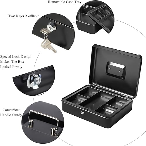 Miniatura 4 de Jssmst Caja grande con cerradura de llave, caja de metal duradera con bandeja para dinero, 11.81 x 9.84 x 3.46 pulgadas (XL, negro)