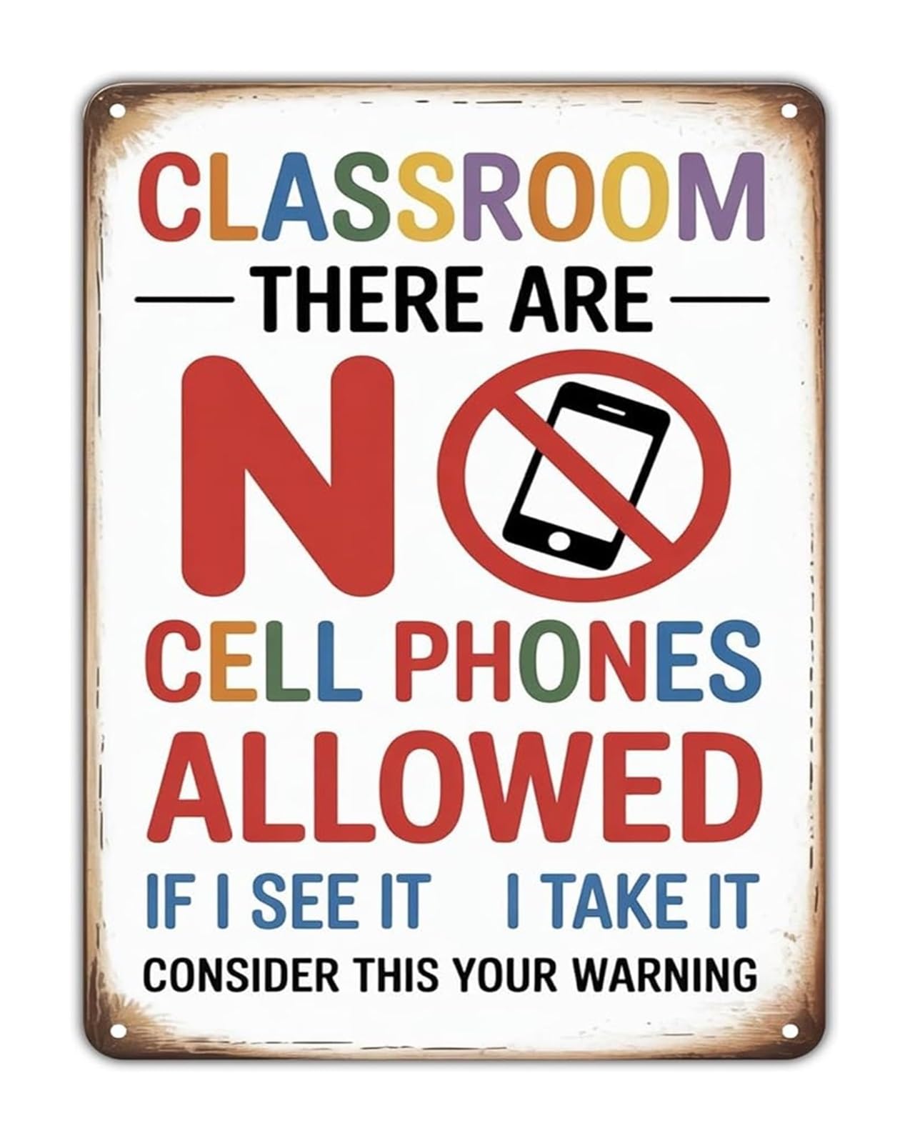 IDGTTLDF Vintage School Policy Sign No Cell Phones Allowed on Metal Tin Sign for Home Office Decor 8 X 12 in