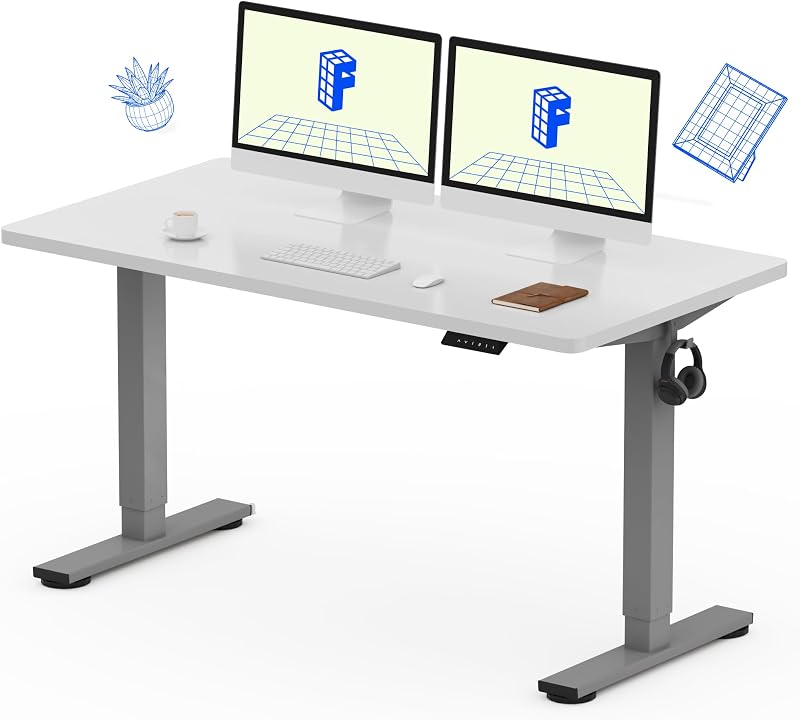 FLEXISPOT EN1 Escritorio de pie de una sola pieza, eléctrico ajustable con 4 preajustes de memoria, capacidad de 176 libras, escritorio estable y silencioso, sin costuras para oficina en casa y monitores duales, 55 x 28 pulgadas, blanco (marco plateado)