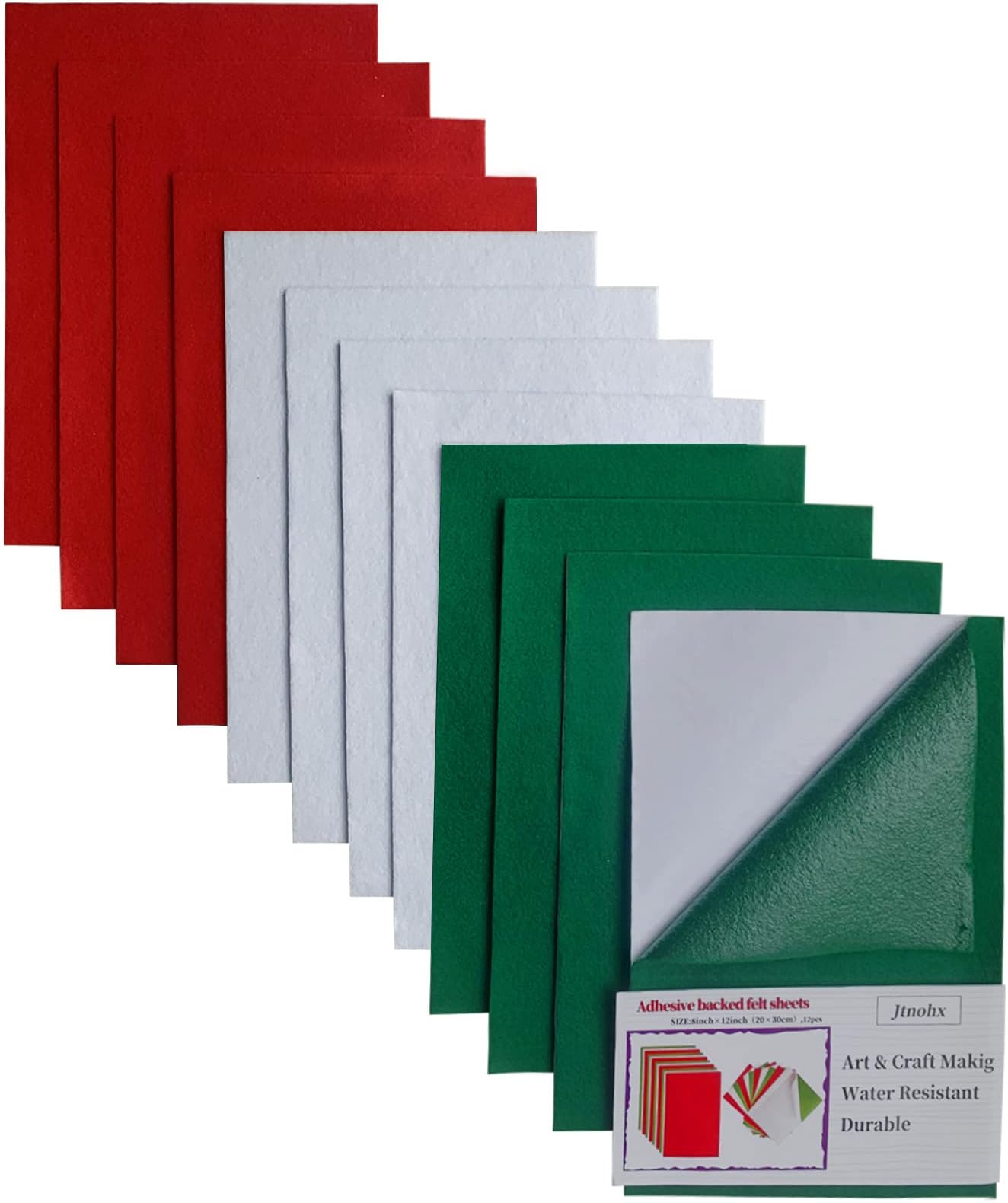 Jtnohx Self Adhesive Felt Sheets, 12 Pieces Felt Fabric with Adhesive Backing, 8x12 Inches Soft Sticky Back Fabric for Art & Craft DIY Project (Green/White/red)