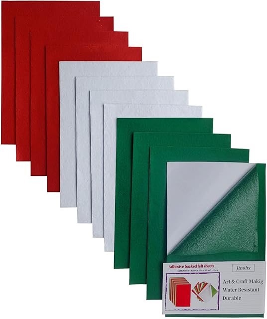 Jtnohx Self Adhesive Felt Sheets, 20×30cm Inches Sticky Back Felt Fabric for Craft, 12 Pieces Assorted Colours Hobby Felt for DIY Supplies Projects (Green/White/red)