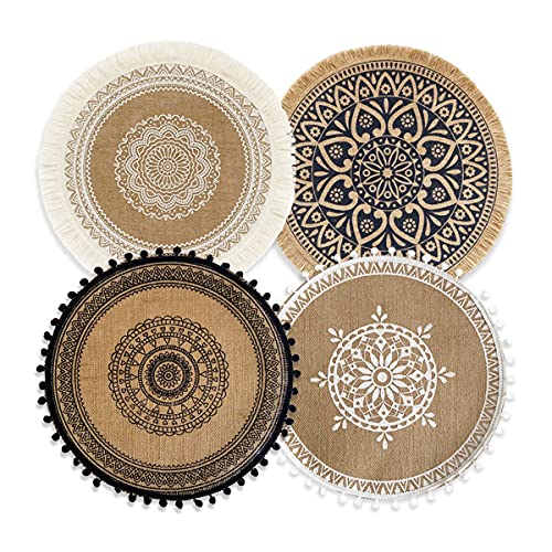 CcHhyyt Juego de 4 manteles Individuales Redondos Hechos a Mano de Estilo Bohemio de Yute con borlas decoración de Mesa Retro de algodón Impermeable pompón decoración Estilo Bohemio (Mezcla Bohemia) Cover