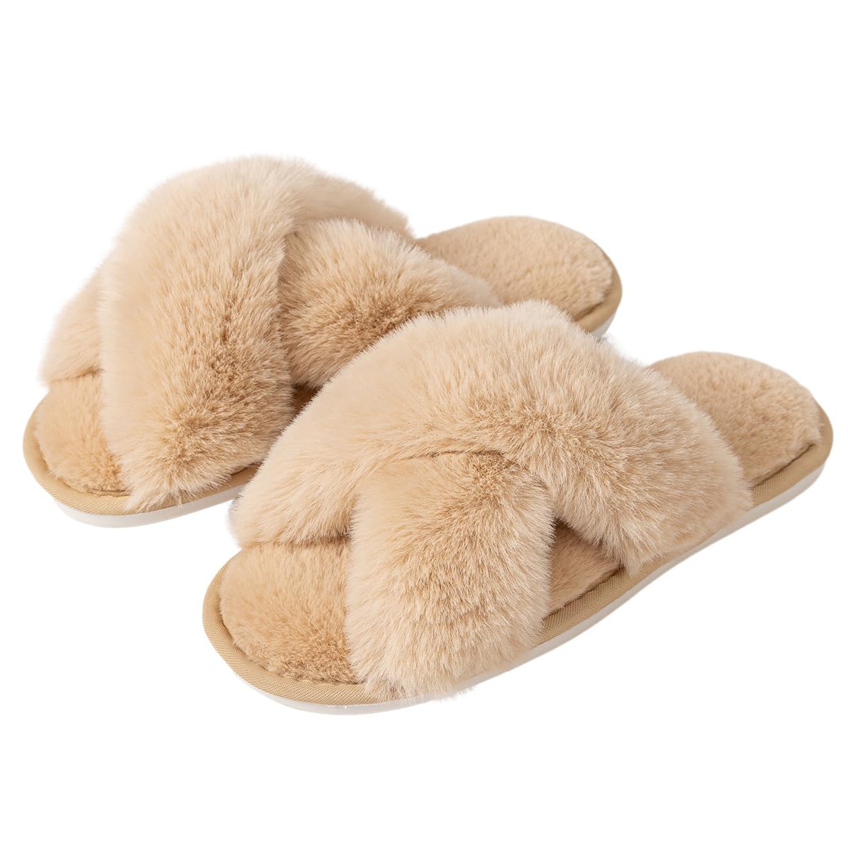 Womens Cross Band Slippers Cozy Furry Fuzzy House Slippers Open Toe Fluffy Indoor Shoes Outdoor Slip on Warm