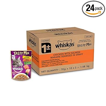 Whiskas Adult (1+ year) Tasty Mix Wet Cat Food Made With Real Fish, Chicken With Salmon Wakame Seaweed in Gravy - Pack of 24