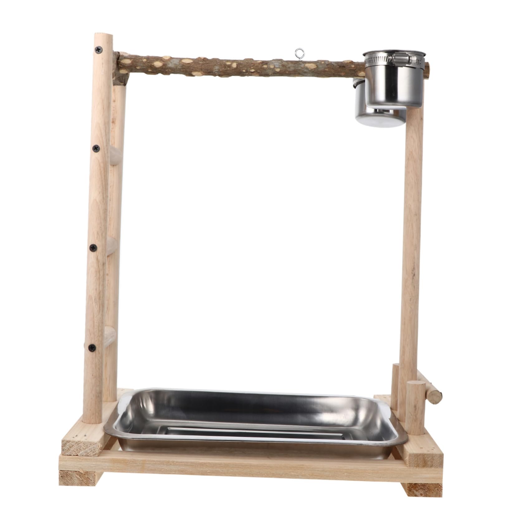 BUGUUYO Stainless Steel Bird Food Box for Parrots Easy Install Wooden Ladder Parrot Playground Stand