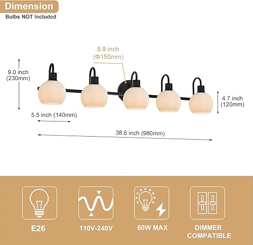 Miniatura 9 de 4 luces contemporáneas de baño sobre espejo con pantallas de vidrio de globo sembrado, iluminación de pared rústica negra para dormitorio, vestidor