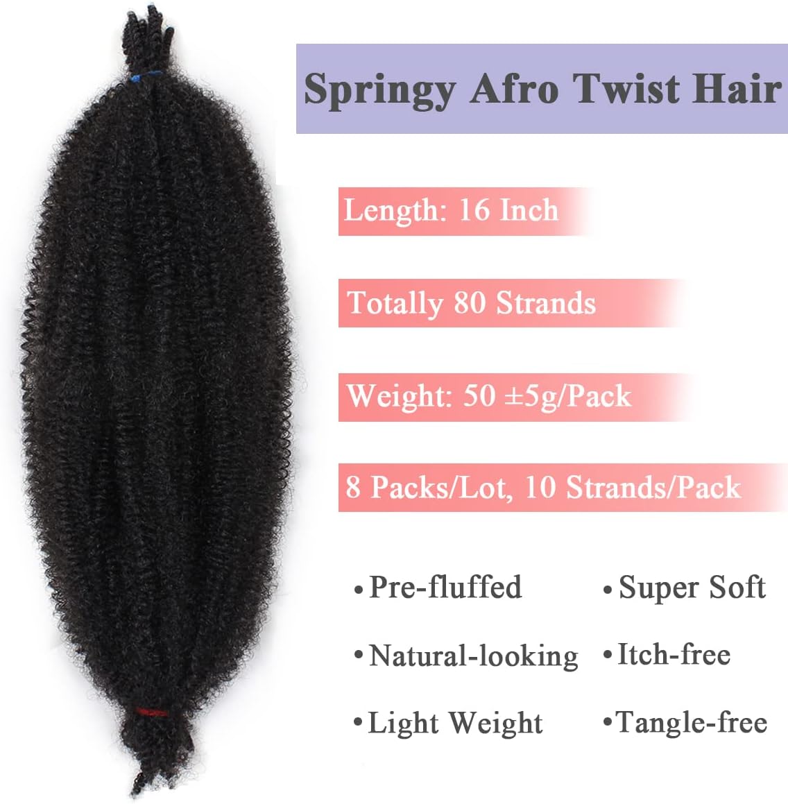 Leeven 16 Inch Pre Separated Springy Twist Hair for Afro Marley Locs 8 Packs Pre-Fluffed Popping Spring Twist Crochet Hair for Distressed Locs Afro Kinky Curly Marley Braiding Hair Extensions /1B# - Image 4
