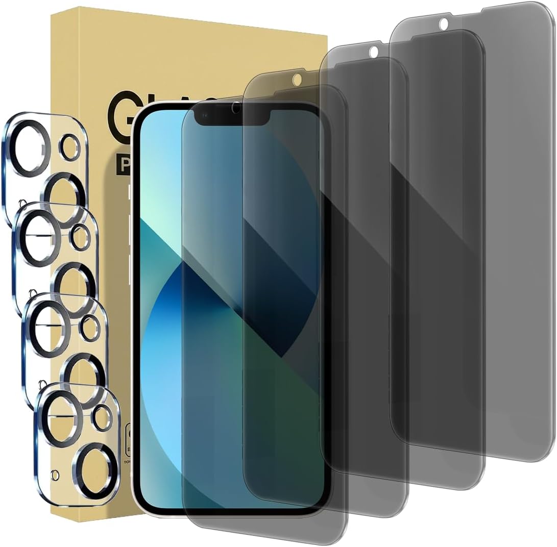 4 Pack Privacy Screen Protector for iPhone 13 [6.1 inch] + 4 Pack Camera Lens Protector, Anti Spy Private Tempered Glass Film,[9H Hardness] - HD