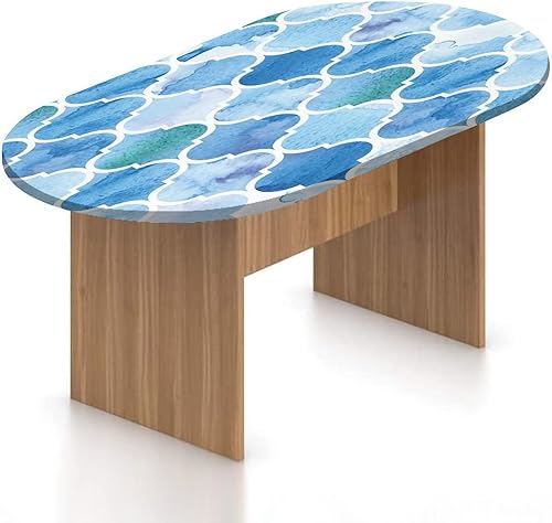 Mantel ovalado ajustable de poliéster con bordes elásticos marroquíes, patrones geométricos de damasco con estampado de acuarela, se adapta a mesas