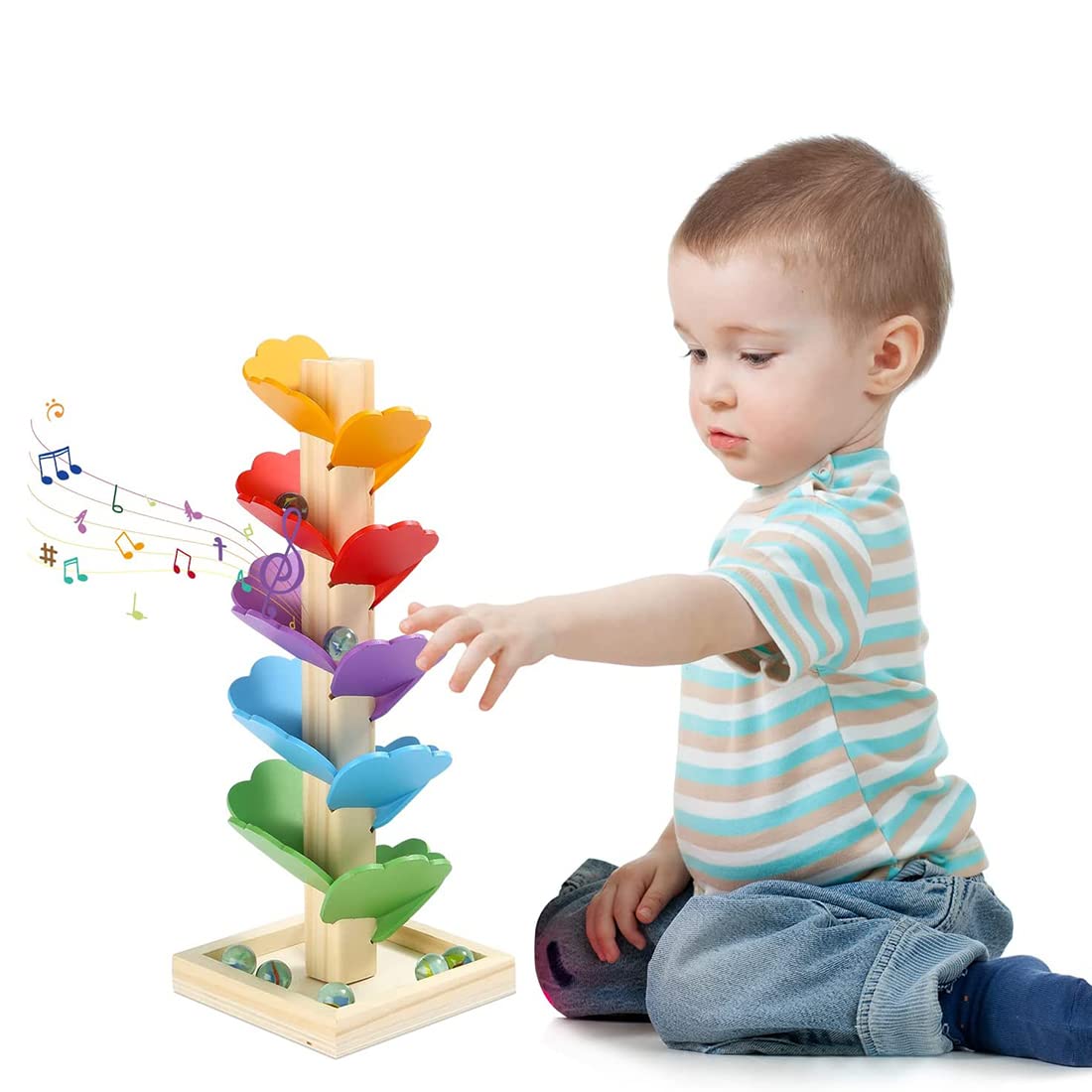 Wooden Music Tree Toy for Kids, Rainbow Musical Tree Ball Drop Toy Kit Gifts, Toddlers Wood Marble Run Track Game, Race and Chase Tree Kit, Montessori Educational Learning Toys for Baby 3+