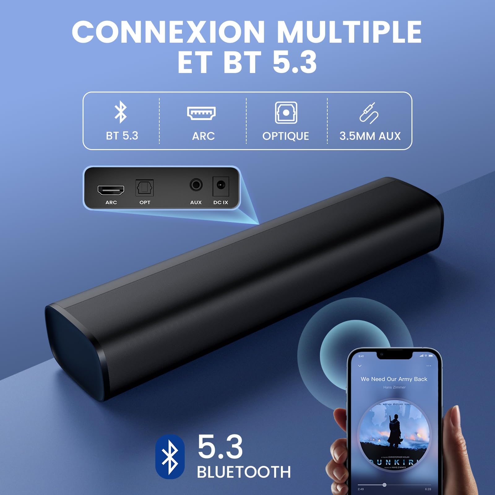 Barre de Son pour TV, Bluetooth 5.3 56W Soundbar, 17'' Small Haut-Parleur de Téléviseur avec Q-Modes, Arc/Opt/AUX connexions, Barres de Son Home Cinéma pour PC/Jeux vidéo/projecteurs