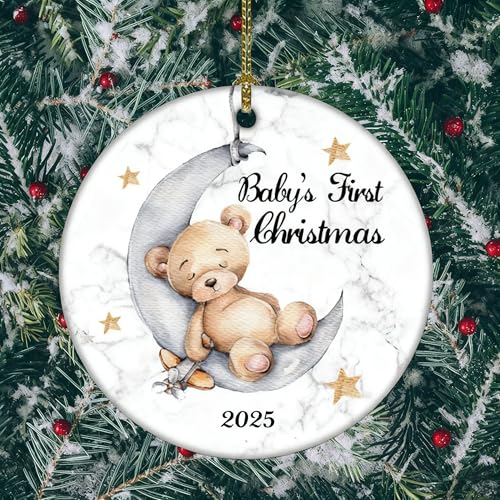 Image of Baby's First Christmas 2025 Boy Bear on The Moon Baby Ornament Christmas Wedding Decoration Baby Ornament Newlywed 2025 (Yellow and White Baby Bear)