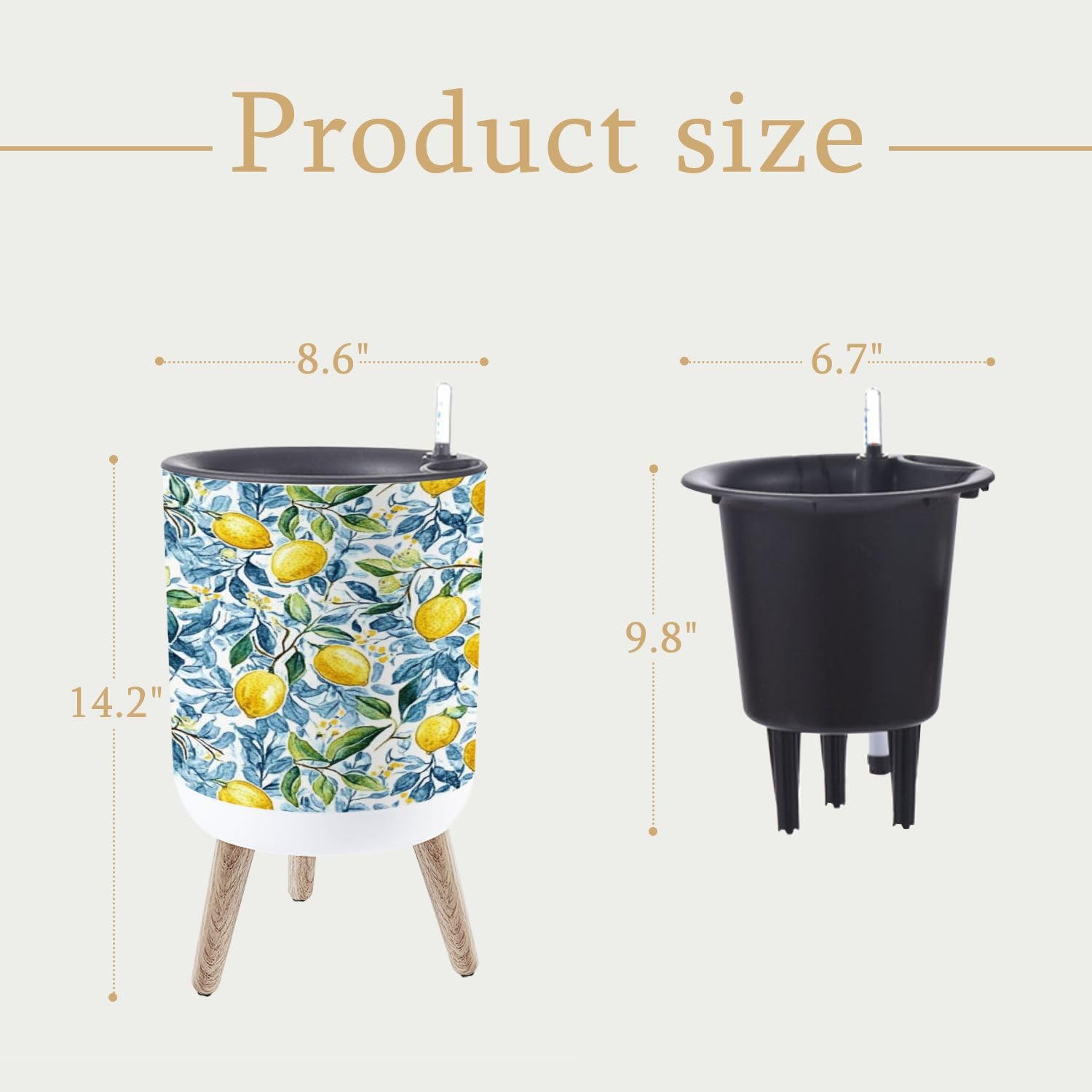 Übertopf mit Ständer, schönes nahtloses Muster, sizilianischer Stil, handgezeichnete Aquarell-Zitronen, 21,8 cm, selbstwässernder Blumentopf mit Beinen, Wasserstandsanzeige und Wassereinlass, fauler