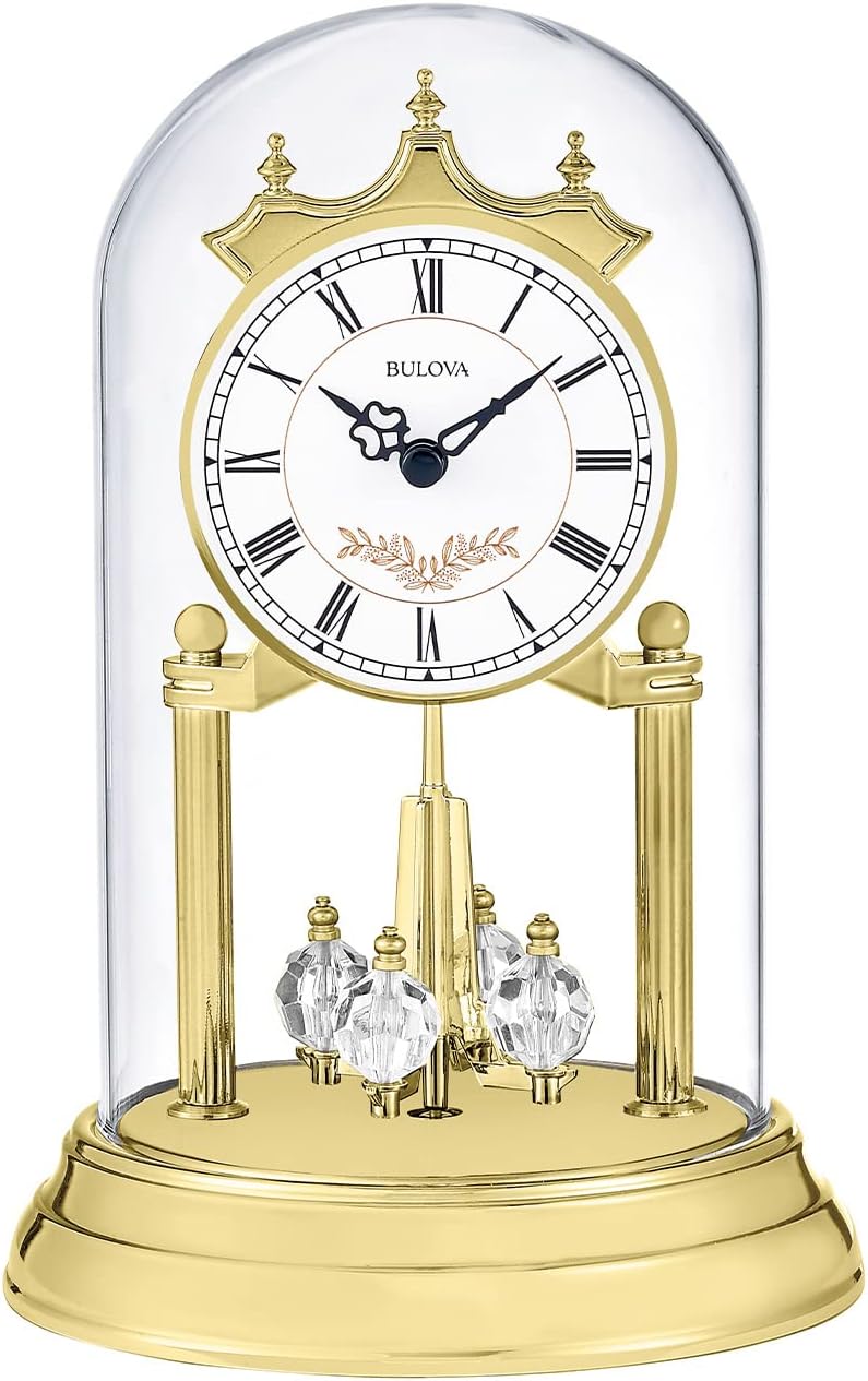 B8821 Heather Anniversary Clock | 9" Glass Dome Design | Rotating Crystal Pendulum | Westminster Chime | Engraving Plate