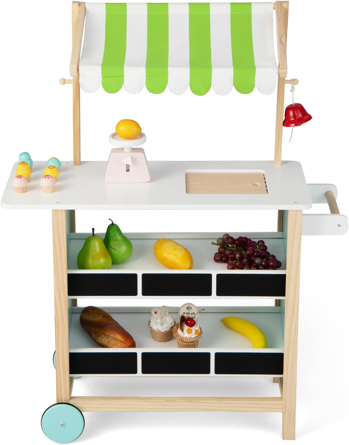 Maxmass Pretend Play Ice Cream Cart, Kids Dessert Shop Trolley with 6 Pcs Play Toy, Bell, Produce Scale & Chalkboard and 2 Wheels, Wooden Children Grocery Store for 3+ Year Old (Green Canopy)