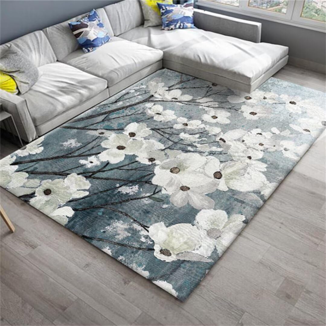 Tapis decoration chambre enfant bleu 130x190cm avec motif fleur frais design tapis salon