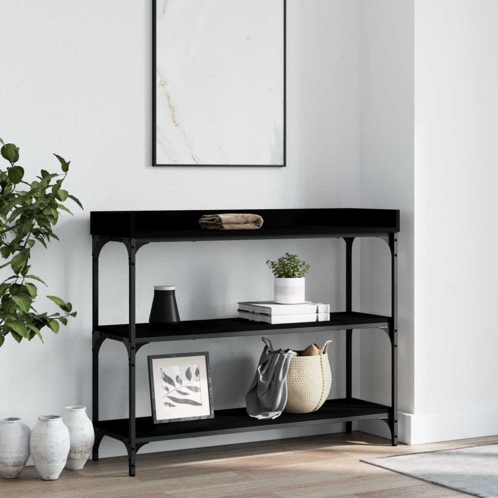 Console table in a living room setting with decorative items