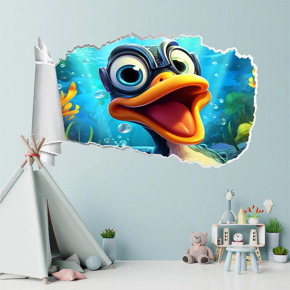 3D Durchbruch Wandtattoo Mädchen Kinderzimmer Enten-Cartoon Wandaufkleber Dekorative Meereskorallen Wandsticker für Junge Teenager Zimmer Wohnzimmer Schlafzimmer Wandbilder Deko