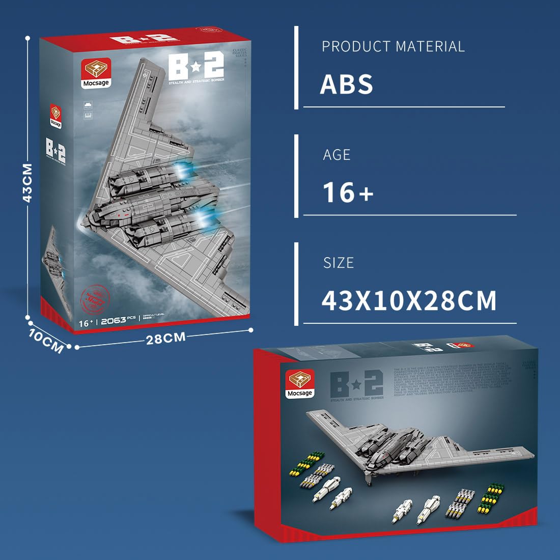 Kampfflugzeug, 2063 Teile 1:70 B-2 Spirit Flying-Wing Ultra-High-Speed Intercontinental Stealth Strategic Bomber Kampfjet Modellbausatz aus Bausteinen, Geschenke für Sammler und Militärfans, MOC-16636
