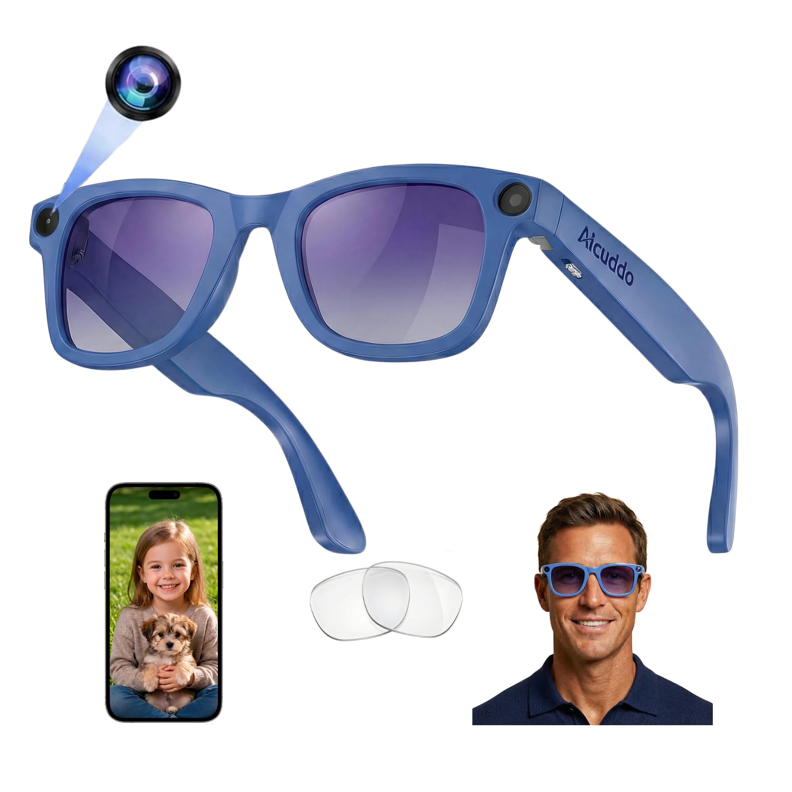 AI Smart Glasses with Camera, 8MP Video Recording Glasses, Real-Time Translation Voice Assistant, Open-Ear Audio, Bluetooth Calling, AI Meeting Notes, Detachable Lenses for Men Women (Blue)-image-12