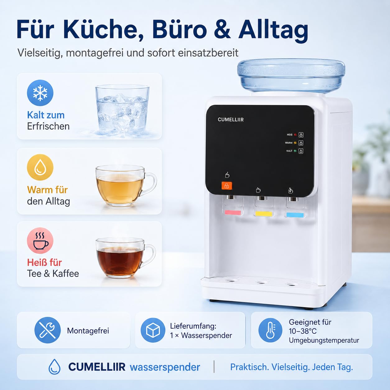 Elektrischer Wasserspender Mit Kühlung, Wasser Spender Automat 500W+75W, 15℃ Kühlung, 90℃ Heiztemperatur, Kaltwasserspender Heißwasserspender Für Büro Zuhause