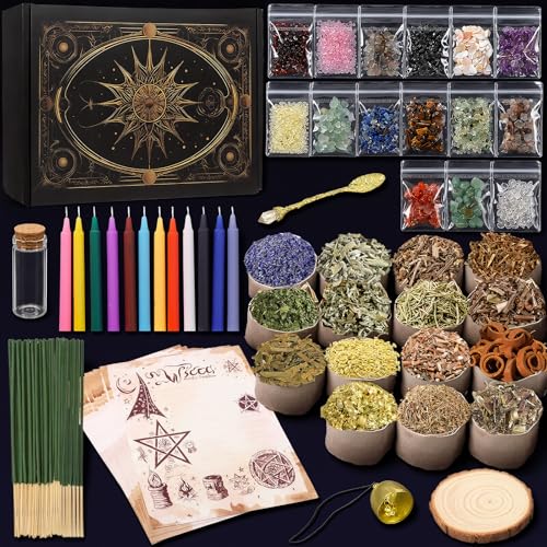 FLgengmh Witchcraft Kit for Spells Wiccan Supplies and Tools for Witch Altar Rituals Energy Cleansing Dried Flowers and Herbs with Incense Crystals Candles Witchy Gifts Box for Women