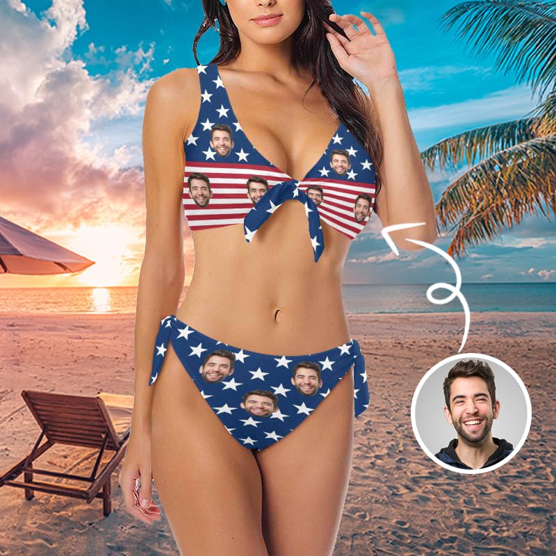 Custom Face Couple Matching Swimwear Independence Day American Flag Swimsuit Personalized Bikini Swim Trunks Gift for Him Her2