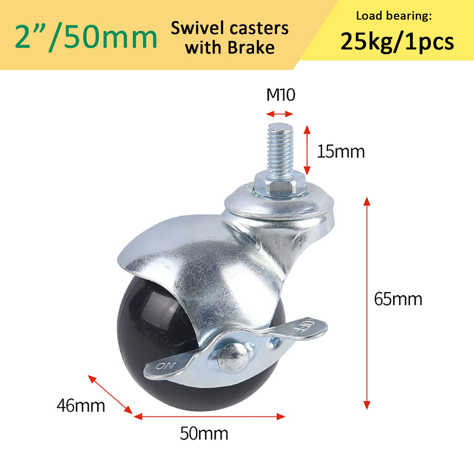 Rotelle con Stelo Girevole da 50 Mm M10X15 Mm, Rotelle a Sfera Nere, Rotelle Girevoli per Trolley (con Freno/Senza Freno), capacità di Carico 75 kg/4 Pezzi, Rotelle Girevoli per Sostituire l