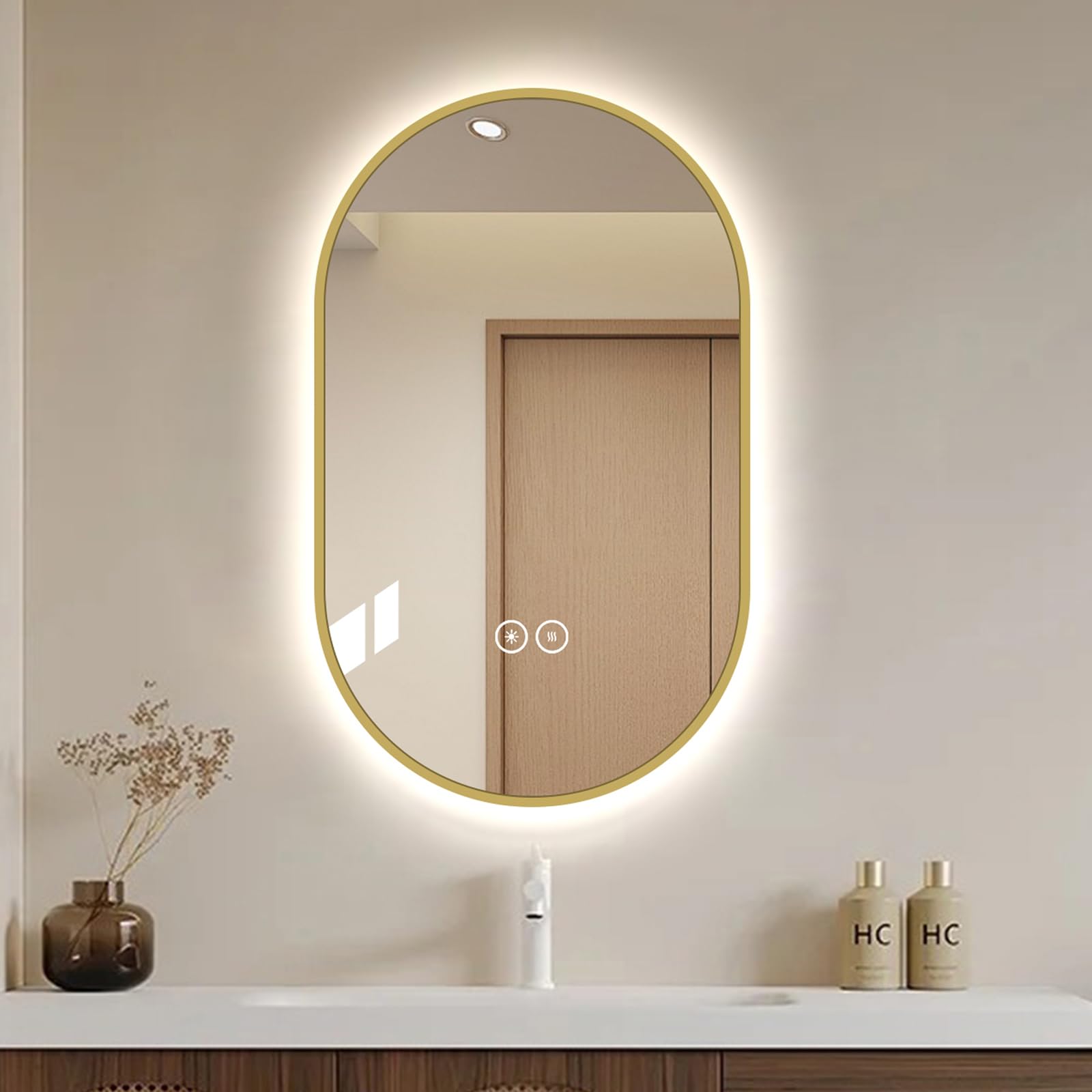 LAIYA Specchio da bagno ovale a LED, 33 x 20, cornice in alluminio dorato, retroilluminato, anti-appannamento, dimmerabile, funzione memoria