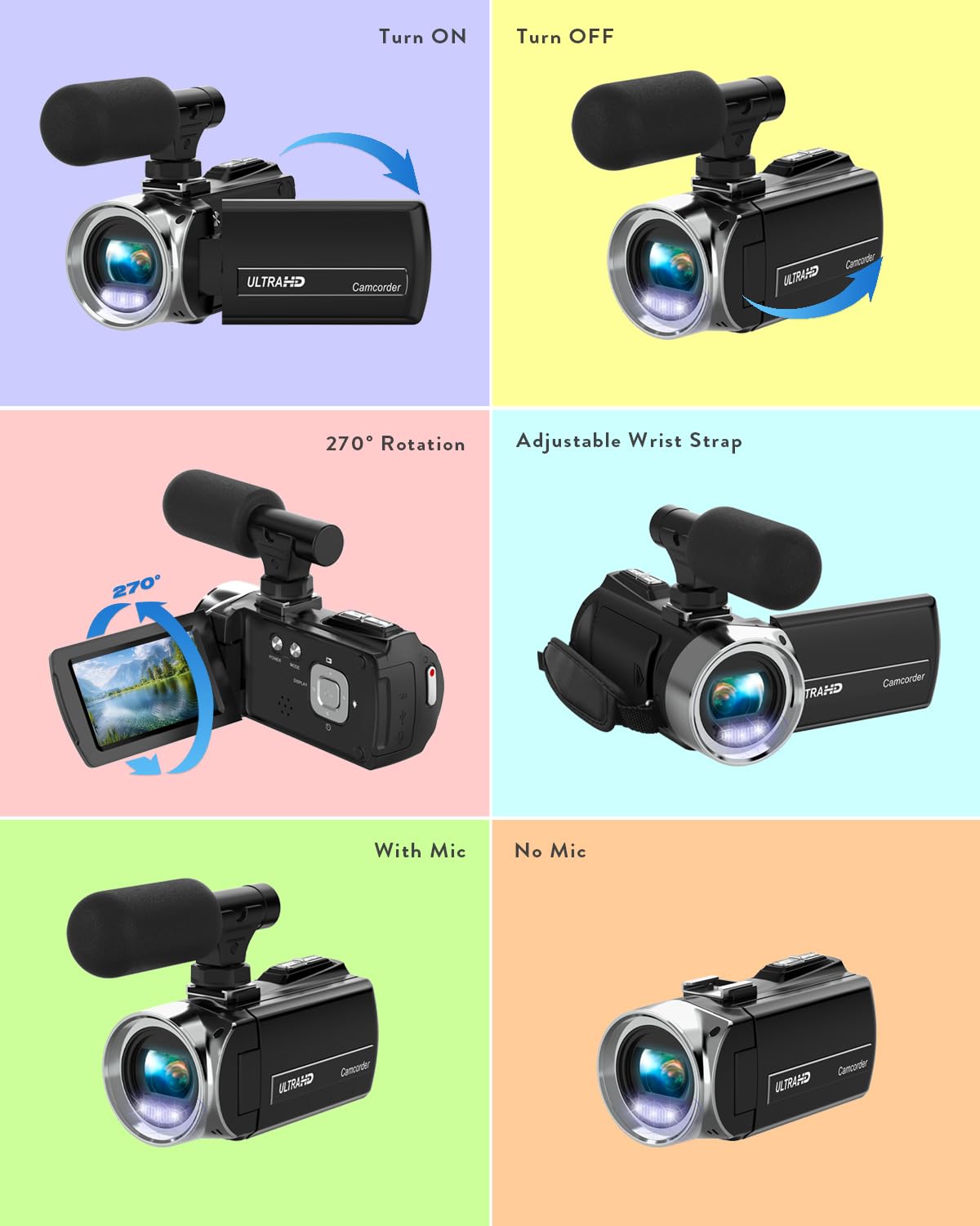 Videocamera FHD 2.7K 36MP Vlogging Camera per YouTube Videoregistratore 3 pollici 270 gradi di rotazione dello schermo Videocamere per le riprese con microfono, scheda SD da 32 GB e 2 batterie