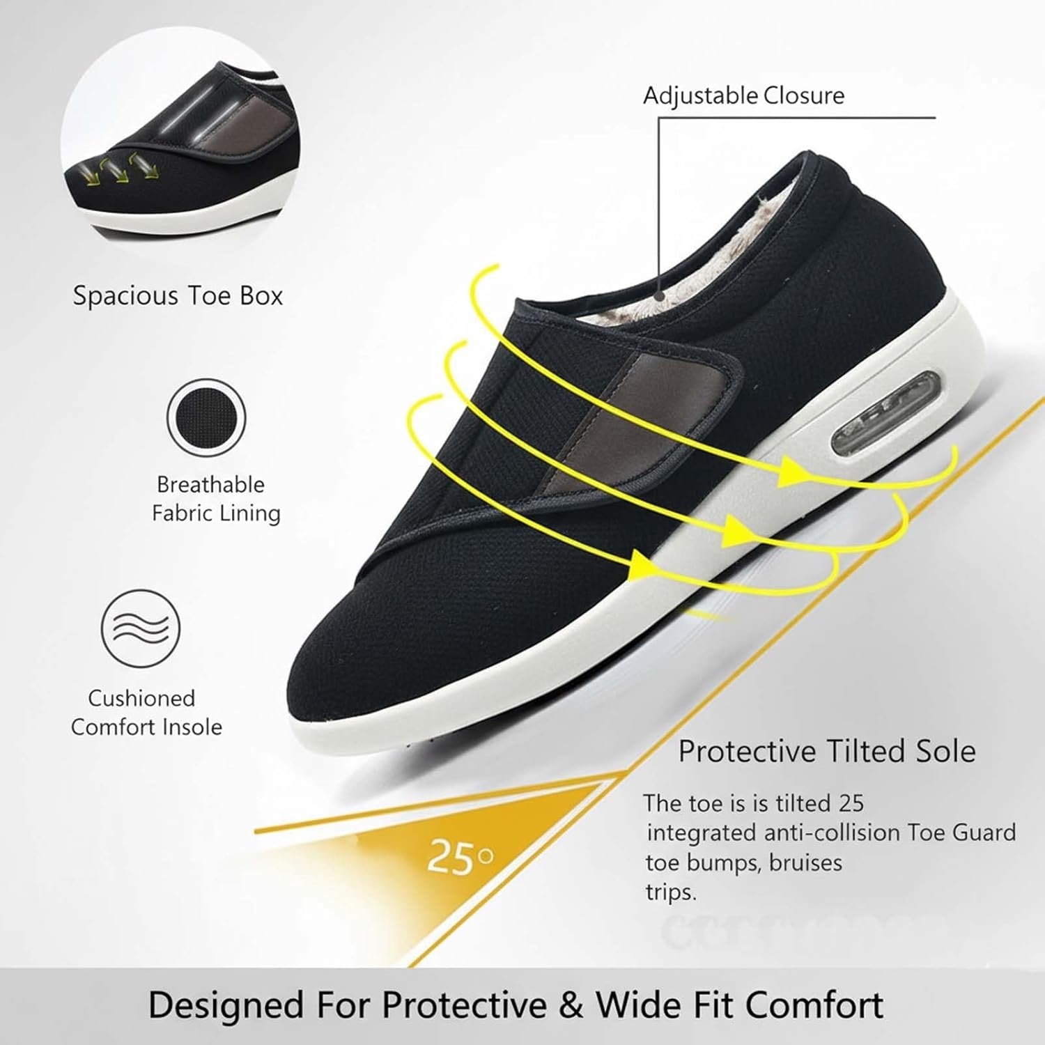 Comfortable Wide Diabetic Shoes, Lightweight Walking Footwear, Soft Fleece Lined Shoes, Non-Slip Adjustable Slippers, for Arthritis Relief, Swollen Feet Care