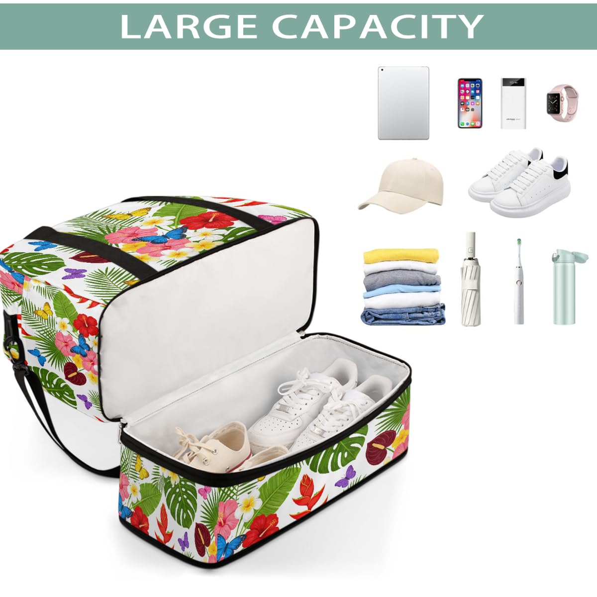 Borsone da viaggio pieghevole con motivo floreale tropicale e farfalla, borsa da palestra espandibile con scomparto per scarpe, borsa da weekend di grande capacità, borsa da portare con sé, per viaggi