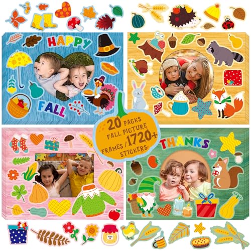 20 Packs Fall Picture Frame, 1720+ Happy Autumn Stickers Maple Leaf/Pumpkin/Turkey Thanksgiving Holidays Photo Frame Craft Art for DIY Craft Activities Home Classroom Kindergarten