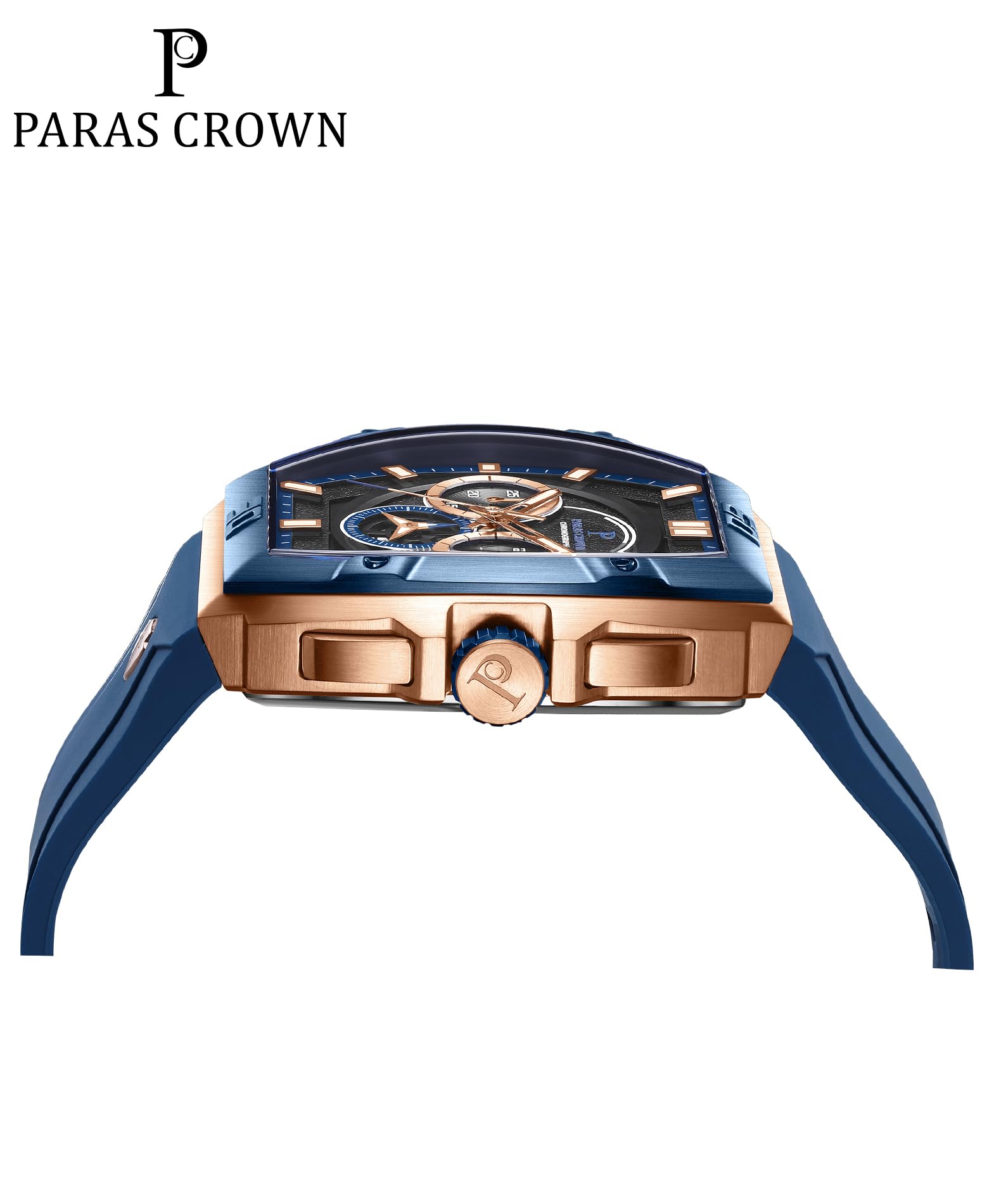PC PARAS CROWN Reloj Hombre de Cuarzo Cronógrafo con Movimiento Japonés 5ATM Caja Tonneau de Acero Inoxidable Correa de Silicona