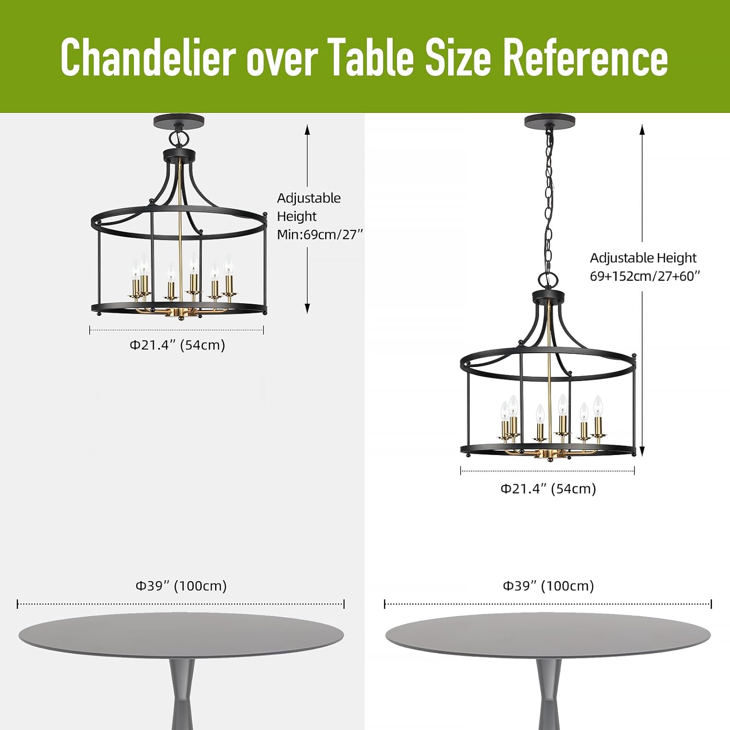 6-Light Black and Gold Drum Chandelier, 21" Brushed Brass Modern Farmhouse Pendant Lighting Fixture for Kitchen Island, Dining & Living Room