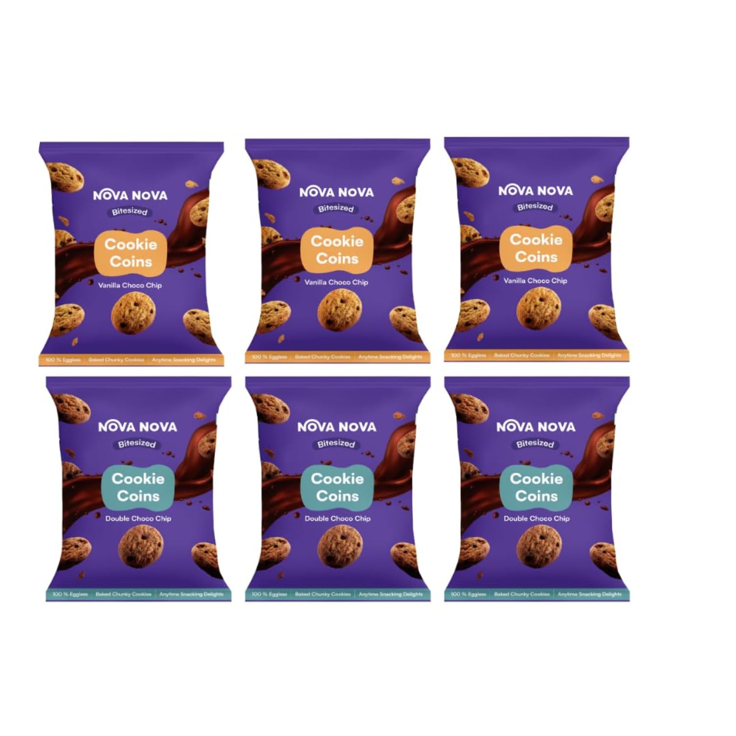 Nova Nova Assorted Cookie Coins | Double Choco & Vanilla Dark Choco Chip | 100% Eggless | Pack of 6 (180 g)